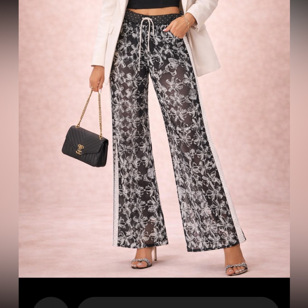 New Karl Lagerfeld Black & White Floral Mesh Wide-Leg Kids Pants size S - Picture 3 of 8